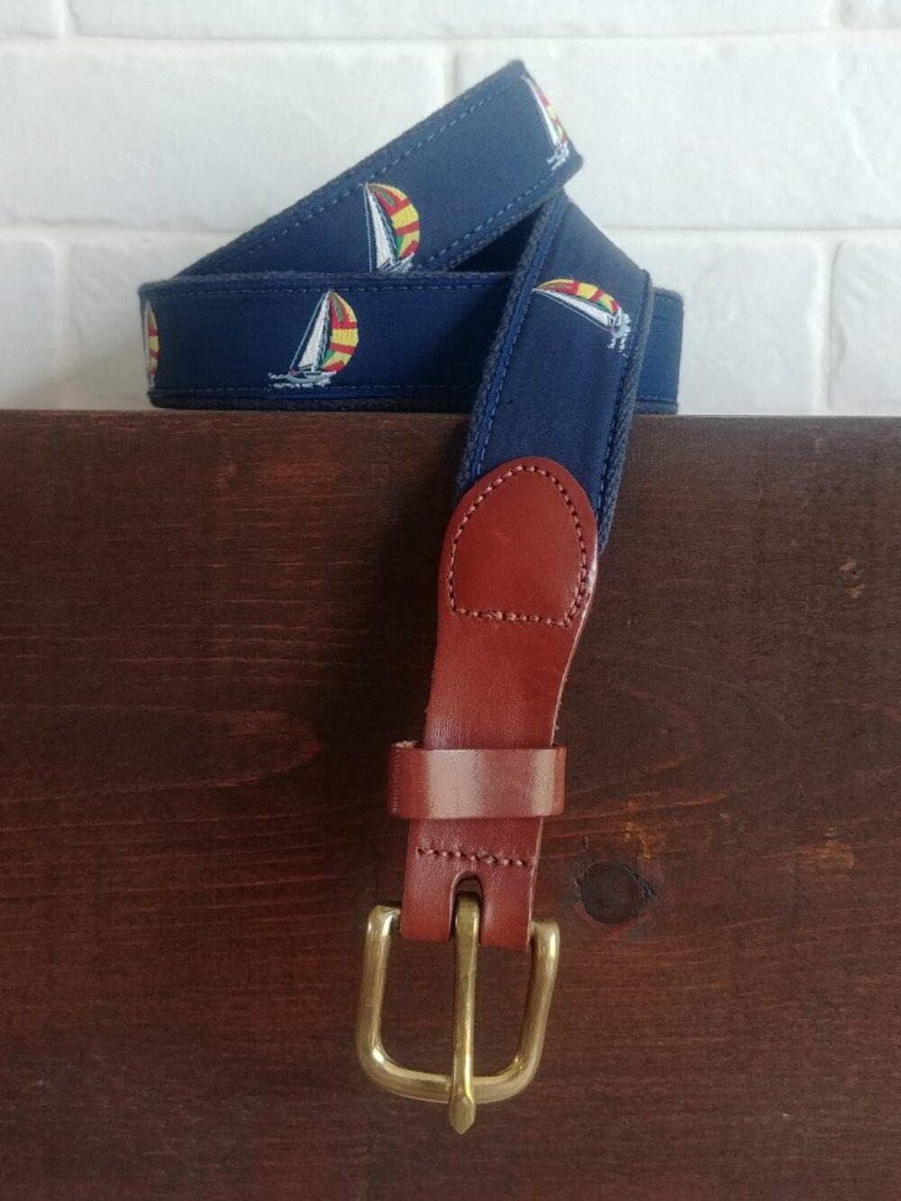 Handmade Leather Man Limited navy blue sailboat belt with brown leather